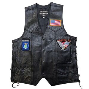 Pro Rider Leather Motorcycle Vest Mens Medium 40 Black USA Patches Laced VTG